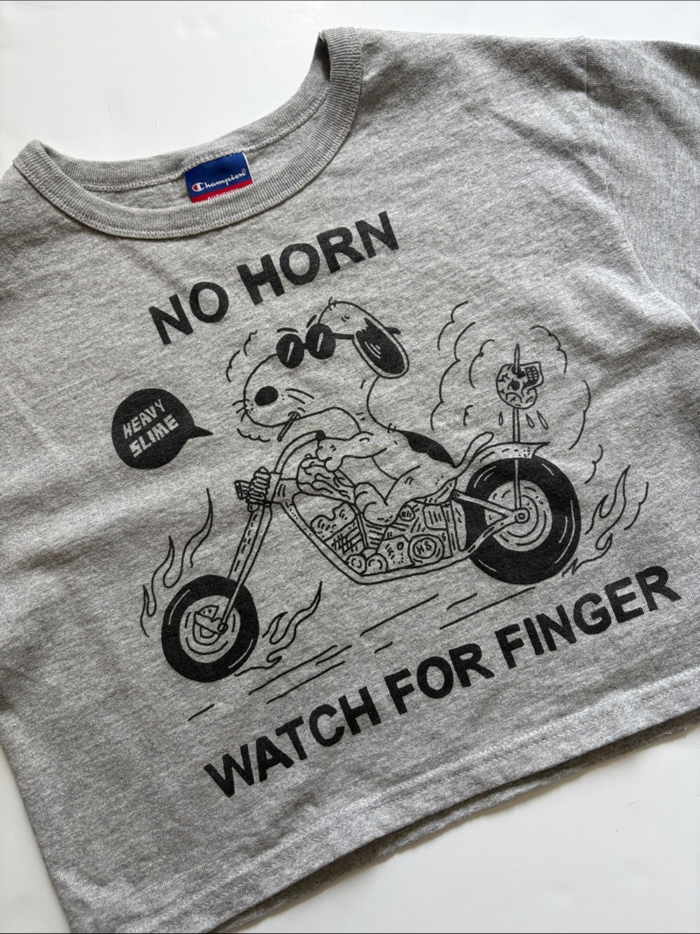 Champion Heavy Slime Snoopy Crop Tee with Black Motorcycle Graphic
